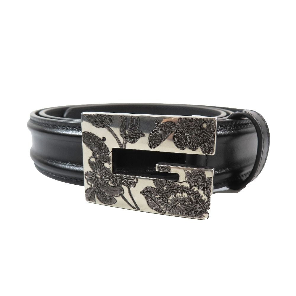 Gucci Square Flower Buckle Belt Leather Memorable Eyelet Black Silver