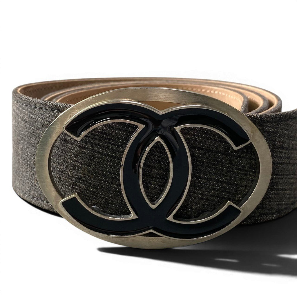 Chanel CC Logo Buckle Denim Leather Belt 36 90 Gray