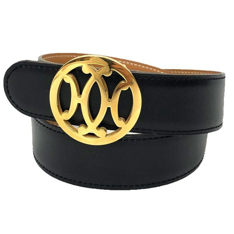 Hermes Double H Belt 65 Size Black Gold Hardware Vintage Antique