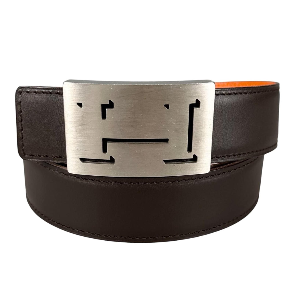 Hermes Belt Lucky Metal Leather Orange Dark Brown Silver