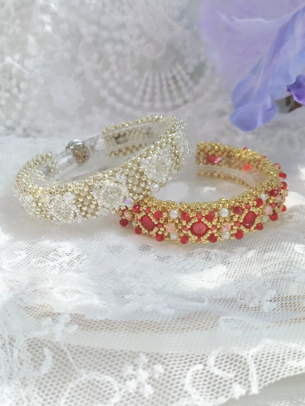 Red Crystal Beaded Bracelet, Gold Handwoven Statement Jewelry, Pearl Accent Bracelet, Elegant Birthday Gift for Her