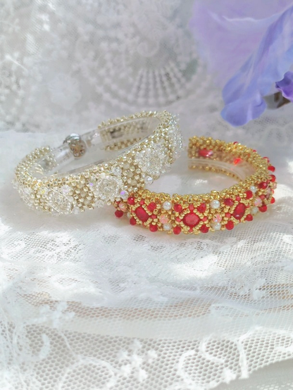 Red Crystal Beaded Bracelet, Gold Handwoven Statement Jewelry, Pearl Accent Bracelet, Elegant Birthday Gift for Her