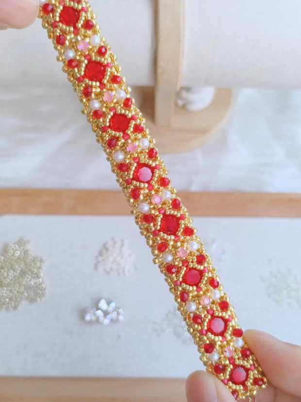 Red Crystal Beaded Bracelet, Gold Handwoven Statement Jewelry, Pearl Accent Bracelet, Elegant Birthday Gift for Her