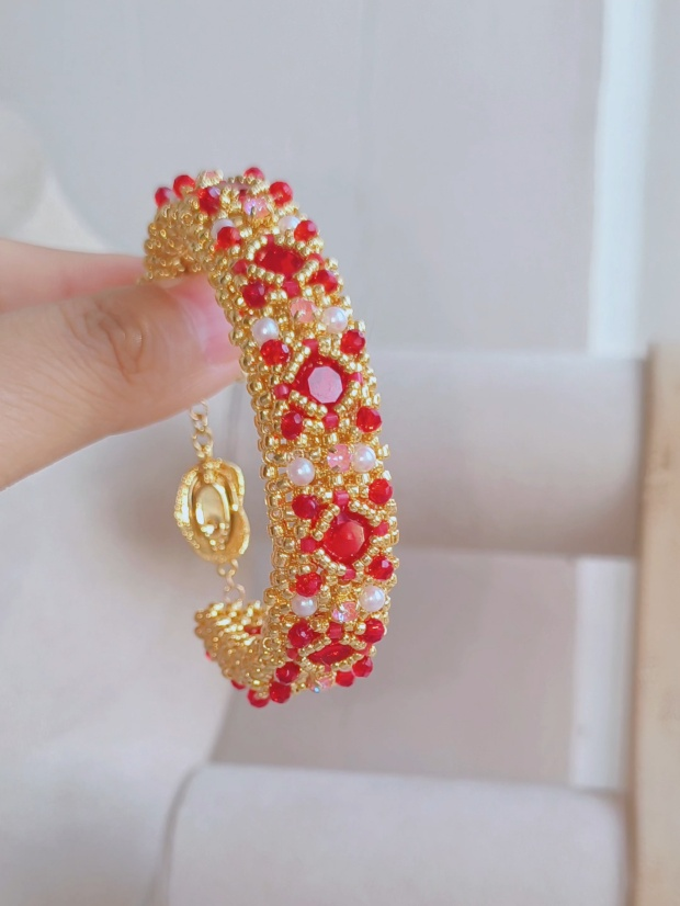 Red Crystal Beaded Bracelet, Gold Handwoven Statement Jewelry, Pearl Accent Bracelet, Elegant Birthday Gift for Her