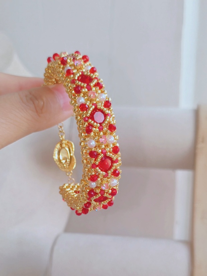 Red Crystal Beaded Bracelet, Gold Handwoven Statement Jewelry, Pearl Accent Bracelet, Elegant Birthday Gift for Her